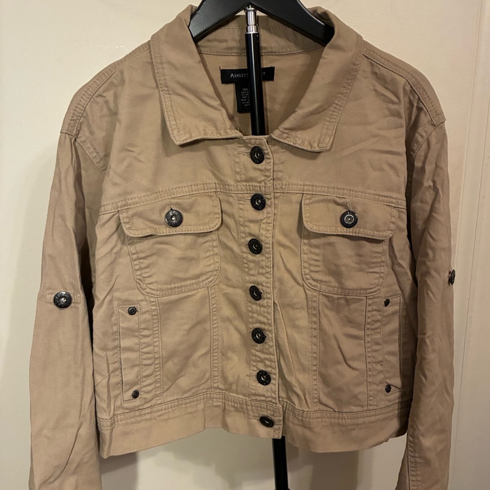 Ashley Stewart Tan Cropped Twill Jean Jacket Utility Wide Cuff Classic Clean 2X - Picture 2 of 9
